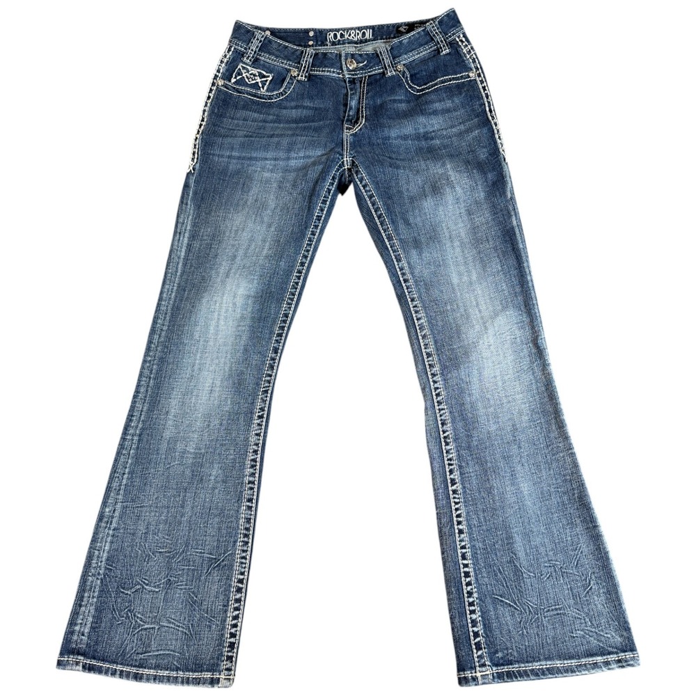 Rock &‎ Roll Bootcut Jeans Womens 30x32 Blue Denim Stretch Mid Rise Rhinestone